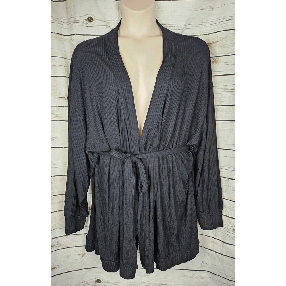 Beyond Yoga Black Ribbed Knit Cardigan Jacket Womens 3X Tie Belt Draped